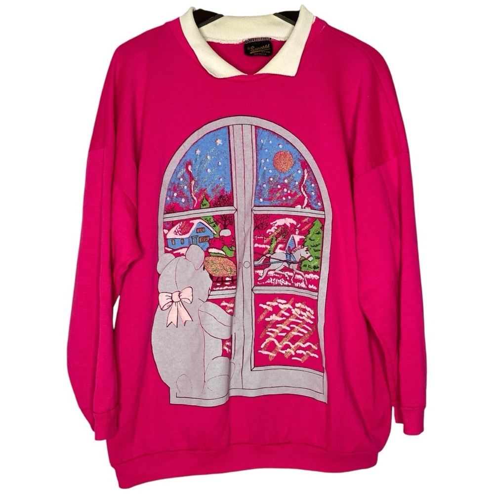 Vintage Pink Bear Winter Holiday Grandma Crewneck Sweater one size